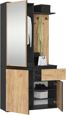 A modern hallway furniture set with a mirror, coat hooks, and storage compartments.