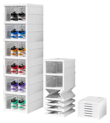 Image de Boîtes de rangement empilables pour chaussures - Boîtes de rangement pour chaussures - Fenêtre transparente - Pliables - Lot de 6 - Pour chaussures jusqu'à la taille 46 - Blanc