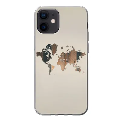 Produktbild von MuchoWow® Handyhülle Schutzhülle Hülle für iPhone 12 Weltkarte -Holz - Regal Silikon Softcase Handy Hülle - Schutzhülle