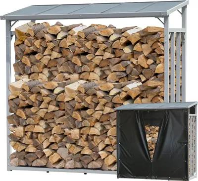 A large metal firewood rack filled with logs, with a smaller firewood storage unit in the foreground.