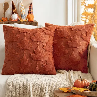 Image de Lot de 2 housses de coussin en tissu synthétique, motif feuilles d'automne, 45x45 cm