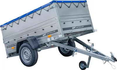 A silver utility trailer with a blue tarp cover is shown from a diagonal angle against a white background.
