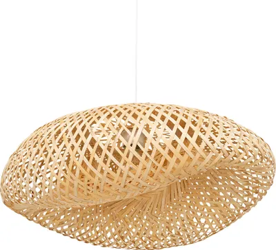 A pendant light made of woven bamboo.