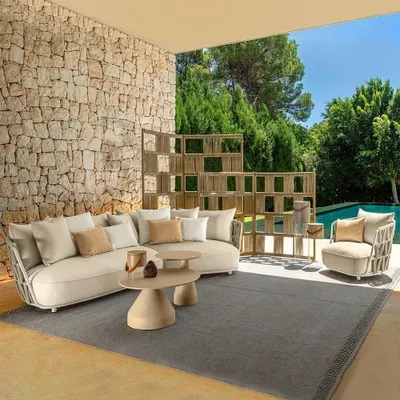 Produktbild von Geflochtenes Outdoor-Sofa 3er-Set mit 1-Sitzer, schrägem Ecksofa & 3-Sitzer Ecksofa, geeignet für Garten, Hof und Balkon, Beige