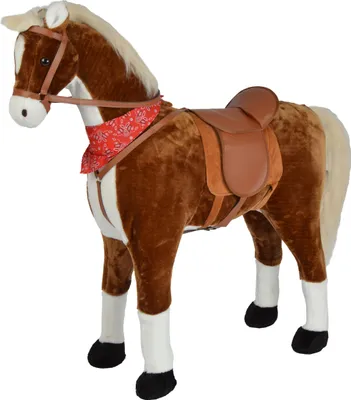 A plush toy horse with a saddle and bandana.
