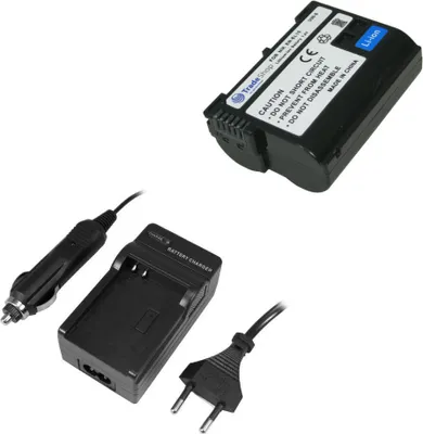Produktbild von Angebot im Set: Trade-Shop Akku + Ladegerät passend für Nikon D610 D750 D7100 D7200 D810 D810A D8000 Batteriegriff MB-D14 ersetzt EN-EL15 mit Infochip