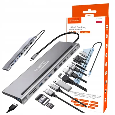 Produktbild von Zenwire 12 in 1 Typ-C Hub zu 4K 2x HDMI / VGA / SD / 3x USB 3.0 / USB-C (data) / mini Jack / PD 100W Adapter für MacBook Windows Laptop "BYL-2211"
