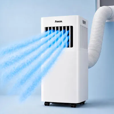 Produktbild von Freeze. nineH 9000BTU Mobile Klimaanlage mit Wärmepumpe, weiß, Monoblock-Klimaanlage und Heizung mit LED-Anzeige, Fernbedienung, Timer, Schlafmodus, verstellbarem Luftauslass, inkl. Abluftschlauch und Fensterkit, KI-generiertes Bild