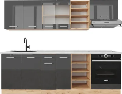 Produktbild von Küchenzeile Vicco R-Line Anthrazit Hochglanz/Goldkraft Eiche 240 cm , AP Marmor, Model 42939