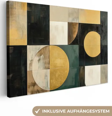 Produktbild von Leinwand Bilder 90x60 cm - Abstrakte Formen - Gold - Schwarz, Wandbilder, Wanddeko Wohnzimmer, Bild