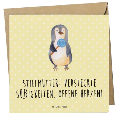 Produktbild von Mr. & Mrs. Panda Grußkarte Stiefmutter Herzen - Gelb Pastell - Geschenk, Glückwunschkarte, Stiefkind, Familie, einzigartig, Klappkarte, doppelkarte, Humor, Bonusmutter