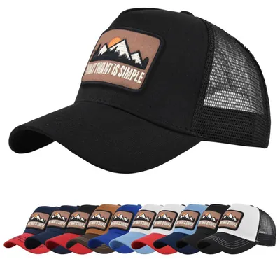 Zdjęcie produktu dla Czapka z daszkiem typu trucker, z siateczką z tyłu, damska/męska, czarna, regulowana, wykonana z bawełny i poliestru