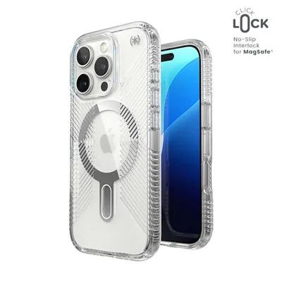Obrázok produktu pre Speck Presidio Perfect-Clear Grip ClickLock & MagSafe - puzdro pre iPhone 16 Pro (číre / s chrómovým povrchom / strieborné)