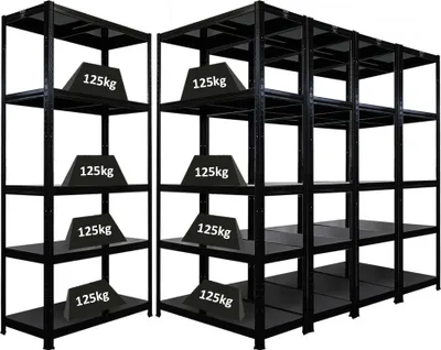 Produktbild von Mega Deal | 5x Schwerlastregal Ragnar | HxBxT 180x90x40cm | 5 Stahlplatten-Ebenen | Fachlast 125 kg | Schwarz