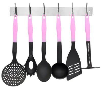 Produktbild von Küchenhelfer 6 Tlg. mit Edelstahl Hakenleiste im Set Küchenutensilien Farbe Rosa stabile Küchenleiste Kochleiste Kochbesteck