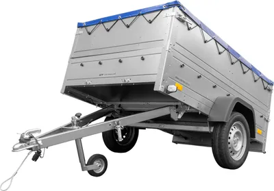 Produktbild von Kfz Anhänger 750 kg GARDEN TRAILER 201 KIPP mit zusätzlichen Bordwänden, Stützrad und blauer Flachplane