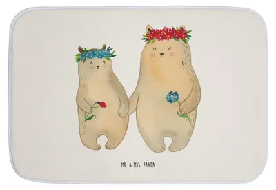 Produktbild von Mr. & Mrs. Panda Duschvorleger Bären mit Blumenkranz - Weiß - Geschenk, Mama, Bad Fußmatte, Badteppich, Badvorleger, Bär, Tochter, Family, Familie, duschmatte, Badematte