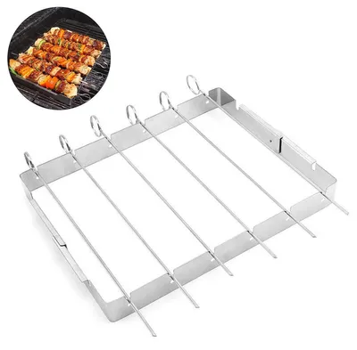 Produktbild von Edelstahl Grillspieße Set mit klappbarem Grillgestell, 6 wiederverwendbare Schaschlik Spieße 13 Zoll, BBQ Zubehör für Outdoor & Camping