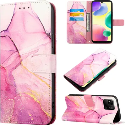 Produktbild von Redmi 10A Hülle, Marmor Motiv Kunstleder Tasche Wallet Kartenfächer mit Standfunktion Klapp Schutzhülle für Xiaomi Redmi 10A Rosa