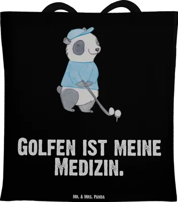 Produktbild von Mr. & Mrs. Panda Tote Bag Panda Golfen - Schwarz - Geschenk, Golf Verein, Laptoptasche, Einkaufstasche, Golfplatz, Shopping Tasche, spielen, Schultasche, Jutebeutel