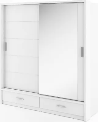 Produktbild von Furniture24 Schwebetürenschrank Kleiderschrank Schiebetürenschrank AR-05 ARTI Garderobenschrank mit Spiegel 2 Schubladen und Beleuchtung Weiß Matt, 200 cm breit