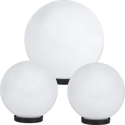 Three white spherical lamps of different sizes are arranged in a cluster against a white background.