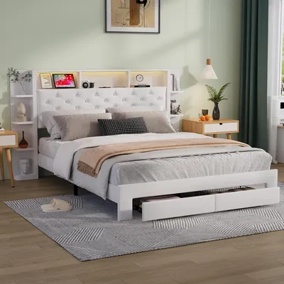 Produktbild von INONEFT Boxspringbett 140×200 mit LED &USB ,Polsterbett mit 2 Schubladen,Doppelbett,Kopfteil mit Stauraum, Flanell, Beige.