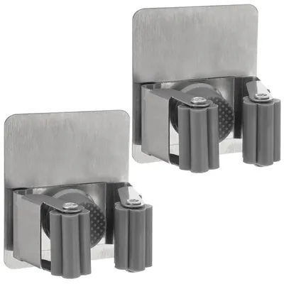Image de Support pour balai et outils - Adhésif - Acier inoxydable - Lot de 2 - Argenté