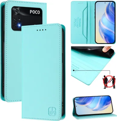 Produktbild von Lederhülle für Xiaomi Poco M4 Pro 4G Hülle Flip Brieftasche Kartenfächern Ständer Schutzhülle Türkis