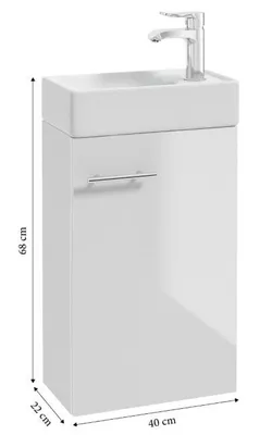 A white bathroom vanity with a sink and faucet, with dimensions indicated.