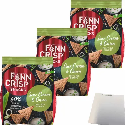 Produktbild von Finn Crisp Snacks Sour Cream & Onion Vollkorn Roggenchips 3er Pack (3x150g Packung) + usy Block