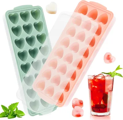 Immagine prodotto di Stampini per cubetti di ghiaccio a forma di cuore, confezione da 2 pezzi, in silicone, con coperchio