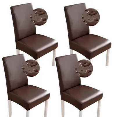 Produktbild von Stuhlhussen 6/4-teiliges Set aus Kunstleder, wasserdicht, elastisch, geeignet für Esszimmerstühle, universelle Stuhlhussen für Zuhause, Büro und Restaurant (4-teilig, Kaffeefarbe)