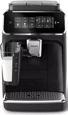 A front-on view of a black Philips automatic coffee machine.