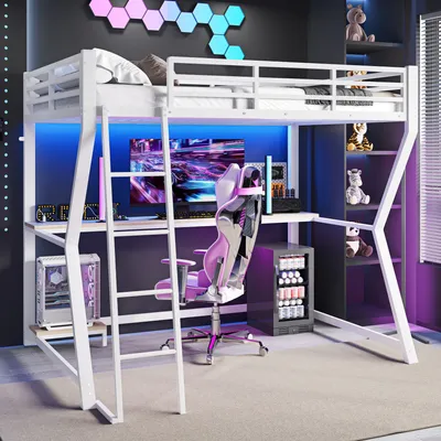 A modern bedroom setup featuring a loft bed with a desk underneath, gaming chair, computer, and colorful LED lighting.
