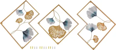 Produktbild von Wanddekoration - Ginkgo 3D Metall Wandbild Triptychon - Dreiteilig - Größe 164 x 70,5 cm - Für Wohnzimmer Schlafzimmer Flur Esszimmer - Gold