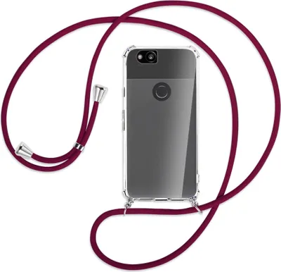 Produktbild von Handykette Backcover-Schutzhülle mit Band (Metall silberfarben) für Google Pixel 2 - dunkelrot