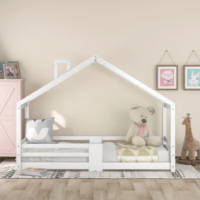 Immagine prodotto di okwish lettino a casetta con camino, protezione anticaduta, robusta rete a doghe, casetta in legno di pino, lettino per bambini, 90 x 200 cm senza materasso, bianco