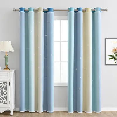 Produktbild von 2 Stück Sterne Vorhänge Kinder Vorhänge Doppelschicht Sterne Vorhänge Für Kinder Mädchen Schlafzimmer Gradient Tülle Fenstervorhänge,B 100* L 130cm,Blau