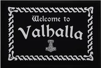 Produktbild von Fußmatte mit Spruch Welcome to Valhalla Willkommen nordische Mythologie Odin Thor rutschfest & waschbar Moonworks® schwarz 60x40cm