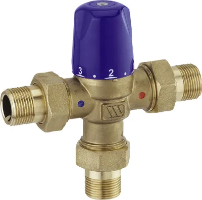 A brass thermostatic mixing valve with a blue adjustment knob.