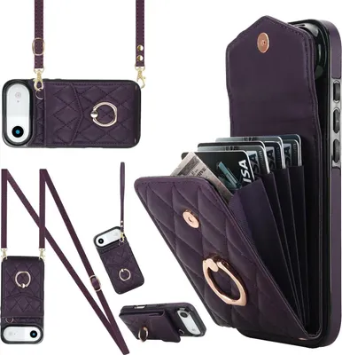 Obrázok produktu pre Crossbody puzdro z umelej kože pre Apple iPhone 17 Air s kosoštvorcovým vzorom a vreckom na kartu RFID fialové