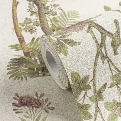 Produktbild von Blumen-Tapete mit Schmetterlinge Beige Grün Rosa - Vliestapete klassisch elegant AS-Creation (KG-174678)