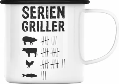 Produktbild von Trendation - Grillen Emaille Tasse Geschenk Männer Steak Liebhaber Grillen Geschenkidee Vater (Schwarz)