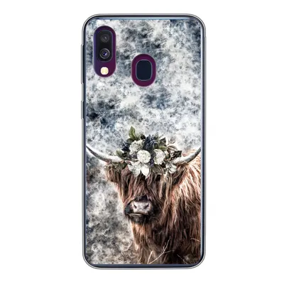 Produktbild von MuchoWow® Handyhülle Schutzhülle Hülle für Samsung Galaxy A40 Schottischer Highlander - Rauch - Blumen Silikon Softcase Handy Hülle - Handy-Tasche