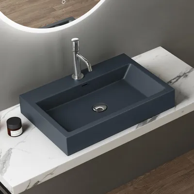 Immagine prodotto di doporro Lavabo da Appoggio Rettangolare, Lavabo Bagno Sospeso con Foro Rubinetto e Troppopieno, Lavandino in Marmo Resina Antracite Opaco 60x42x10cm, Colossum06