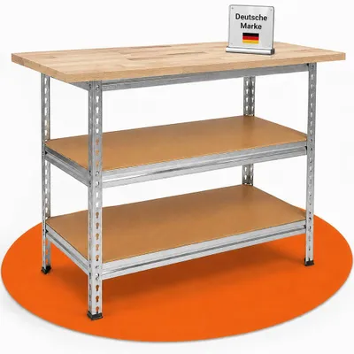Werkbank 120 cm, Metall, höhenverstellbare Böden, Buchenplatte