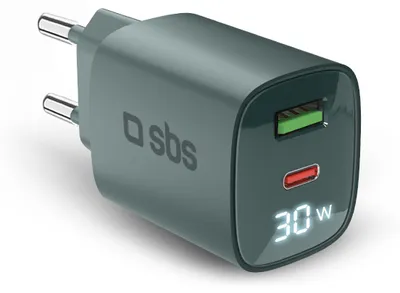 Produktbild von Wandladegerät mit LCD-Bildschirm, 1 USB-C-PD-30W-Ausgang, 1 USB-A-18W-Ausgang