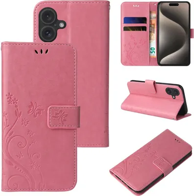 Produktbild von Handyhülle für Apple iPhone 16 Floral Blumen Schmetterling Flip Cover Hülle Case Klapphülle Handytasche Farbe: Rosegold