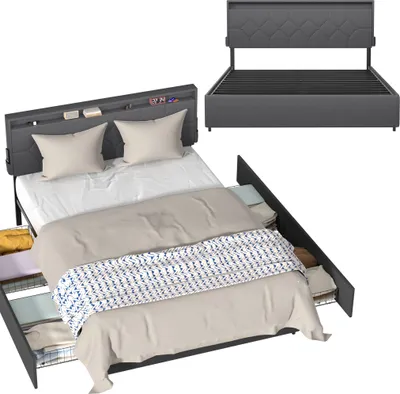 Obrázek produktu pro UISEBRT 140x200cm Tmavě šedá čalouněná postel se zásuvkami, lněná látka, čalouněné čelo a úložný prostor, robustní rám postele do ložnice